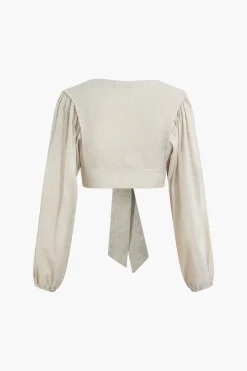 Linen V-neck Knot Ruched Crop Blouse