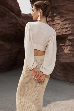 Linen V-neck Knot Ruched Crop Blouse