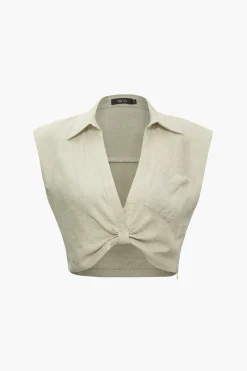 Linen V-neck Twist Hem Sleeveless Top