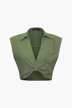 Linen V-neck Twist Hem Sleeveless Top
