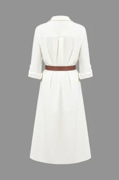 Long Sleeve Collar Belted Midi Dress