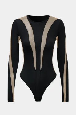 Long Sleeve Patchwork Mesh Bodysuit