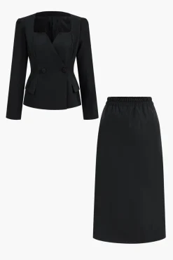 Long Sleeve Pocket Top And Skirt Set