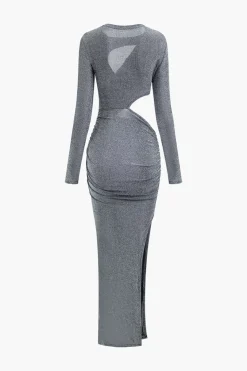 Lurex Asymmetric Cut Out Long Sleeve Maxi Dress