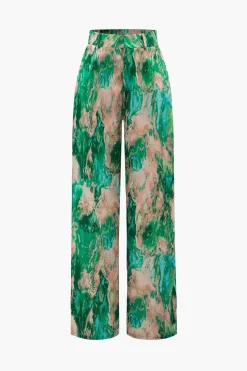 Marble Print High Waisted Full-length Straight Leg Pants