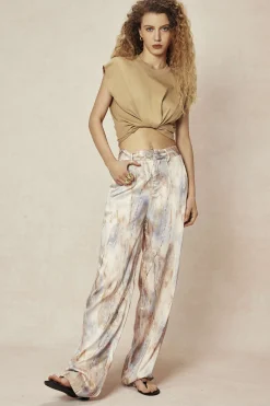 Marble Print High Waisted Full-length Straight Leg Pants