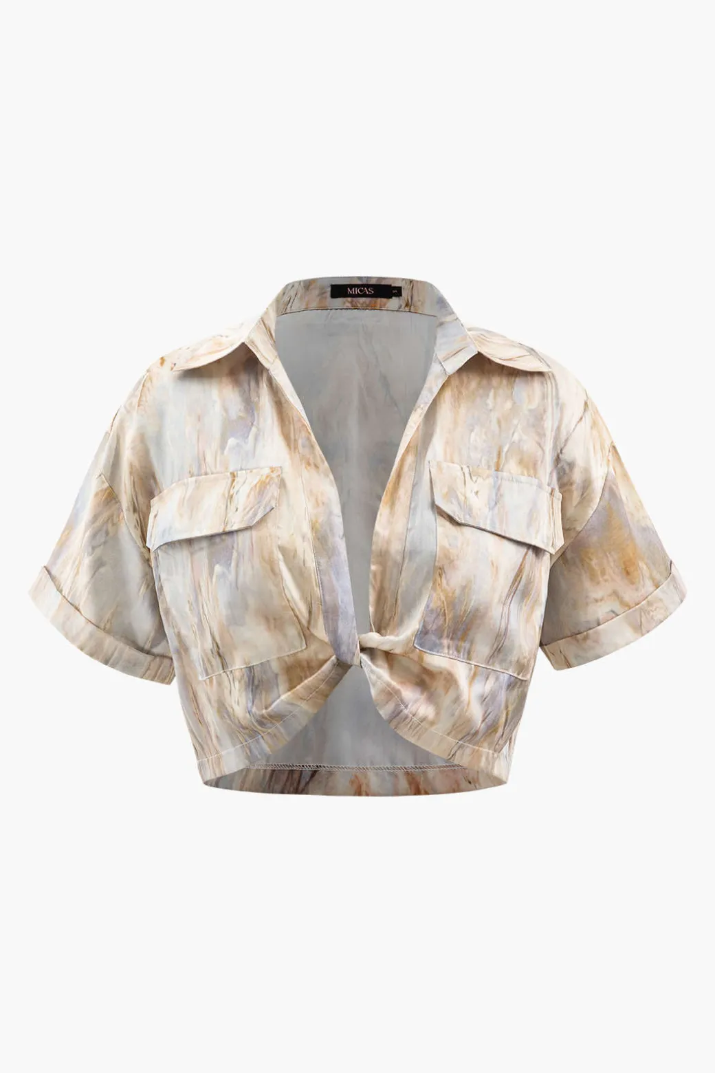 Marble Print Twist Hem Crop Shirt
