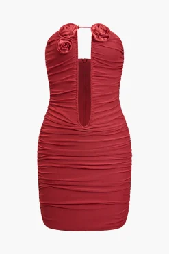 Mesh Backless Appliques Ruched V-Neck Mini Dress