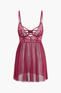 Mesh Bustier Cut Out Embroidery Side Slit Sleepwear Set