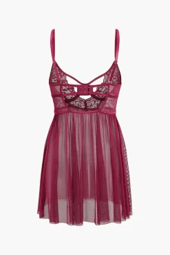 Mesh Bustier Cut Out Embroidery Side Slit Sleepwear Set