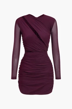 Mesh Cut Out Asymmetrical Long Sleeve Mini Dress