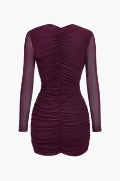 Mesh Cut Out Asymmetrical Long Sleeve Mini Dress