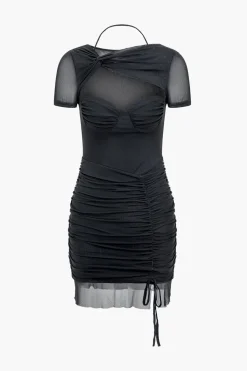 Mesh Cut Out Twist Drawstring Ruched Tie Mini Dress