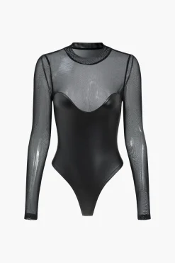Mesh Faux Leather Patchwork Long Sleeve Bodysuit