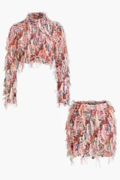 Mesh Fringe Long Sleeve Skirt Set