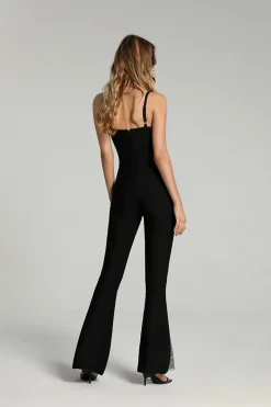 Mesh Panel Flared Leg Jumpsuit
