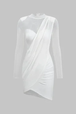 Mesh Patchwork Long Sleeve Sheer Mini Dress