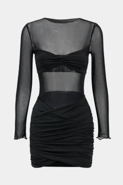 Mesh Patchwork Round Neck Long Sleeve Mini Dress