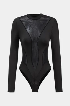 Mesh Patchwork Round Neck Long Sleeve Bodysuit