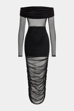 Mesh Patchwork Ruched Off Shoulder Long Sleeve Maxi Dress