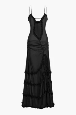 Mesh Ruched Layered Frill Slip Maxi Dress