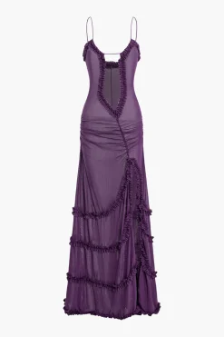 Mesh Ruched Layered Frill Slip Maxi Dress