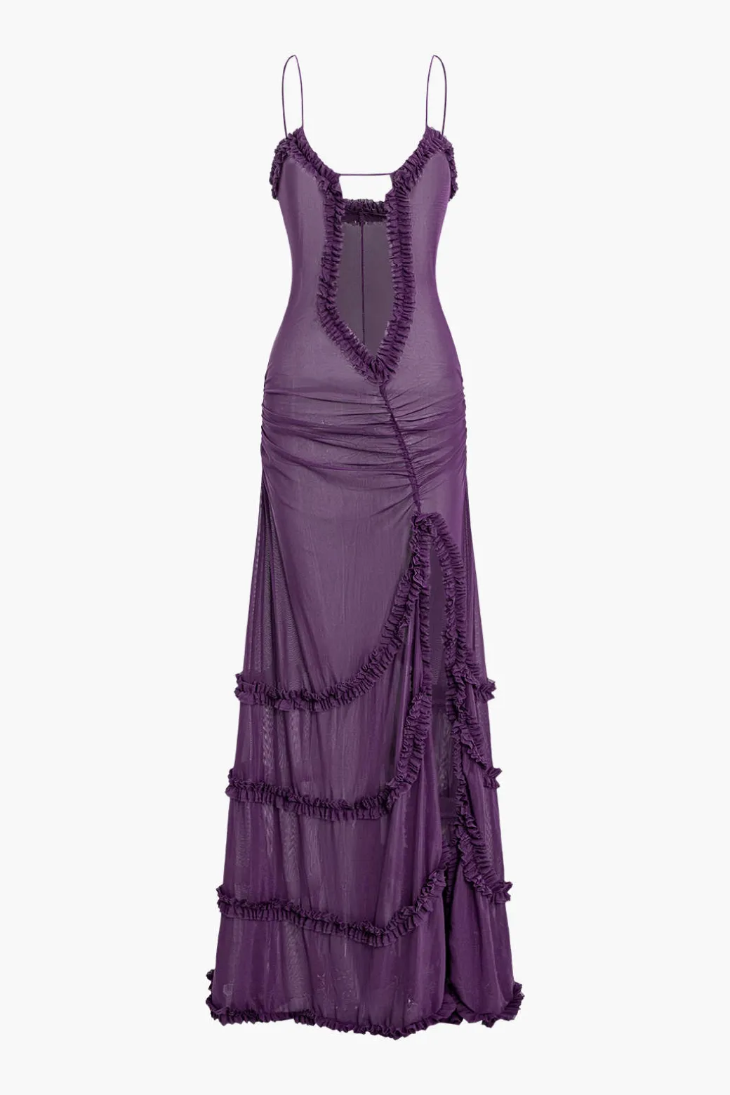 Mesh Ruched Layered Frill Slip Maxi Dress