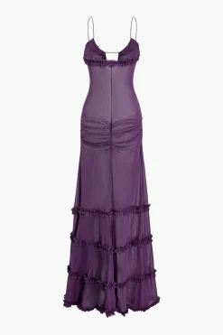 Mesh Ruched Layered Frill Slip Maxi Dress