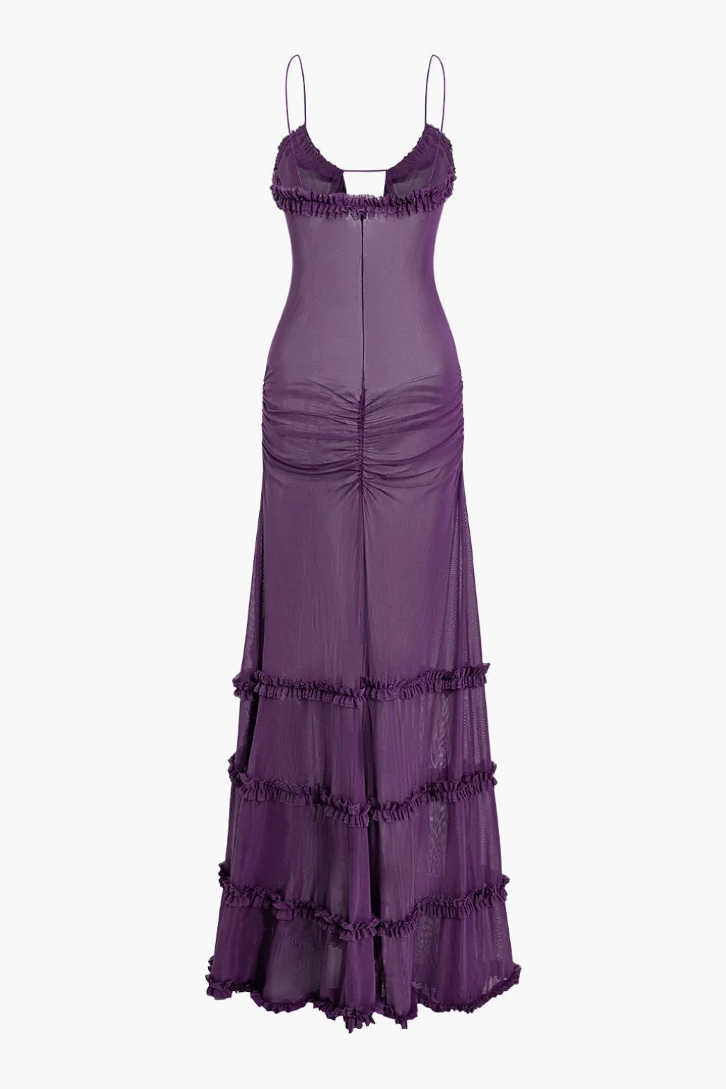 Mesh Ruched Layered Frill Slip Maxi Dress