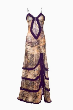 Mesh Ruched Layered Frill Slip Maxi Dress
