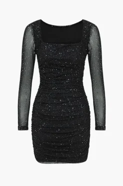 Mesh Ruched Long Sleeve Square Neck Mini Dress