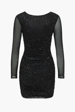 Mesh Ruched Long Sleeve Square Neck Mini Dress