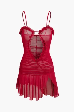 Mesh Ruched Ruffle Deep V-neck Slip Mini Dress