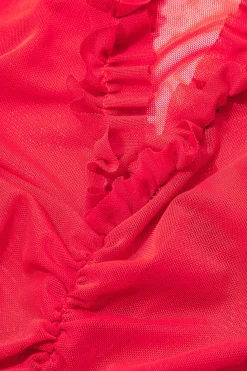 Mesh Ruched Ruffle Deep V-neck Slip Mini Dress