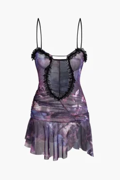 Mesh Ruched Ruffle Deep V-neck Slip Mini Dress