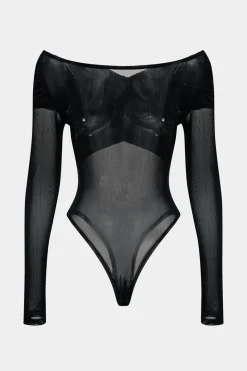 Mesh Satin Patchwork Sheer Long Sleeve Bodysuit