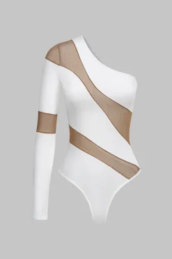 Mesh Sheer Patchwork One Shoulder Long Sleeve Bodysuit