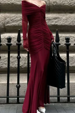 Mesh Sheer Ruched Off Shoulder Long Sleeve Maxi Dress