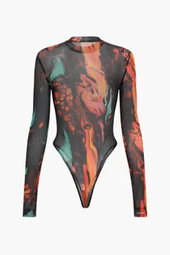 Mesh Tie Dye Print Long Sleeve Bodysuit