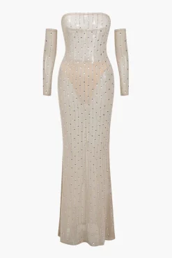 Mesh Zipper Rhinestone Maxi Dress With Gloves