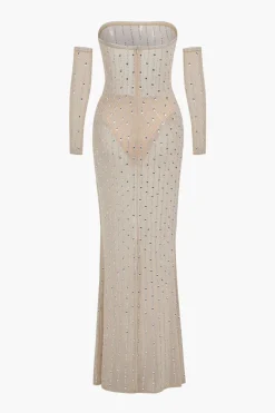 Mesh Zipper Rhinestone Maxi Dress With Gloves
