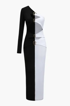 Metal Buckle One Shoulder Patchwork Long Sleeve Midi Dress