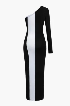 Metal Buckle One Shoulder Patchwork Long Sleeve Midi Dress