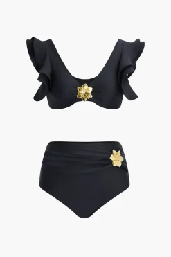 Metal Flower Decor Ruffle Bikini Set