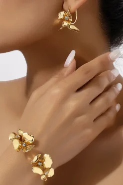Metal Petal Earrings And Open Bangle