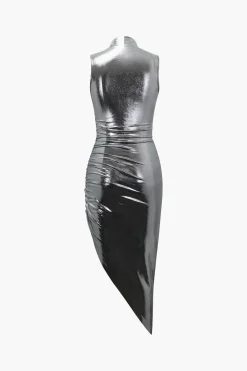 Metallic Asymmetric Hem Sleeveless Midi Dress