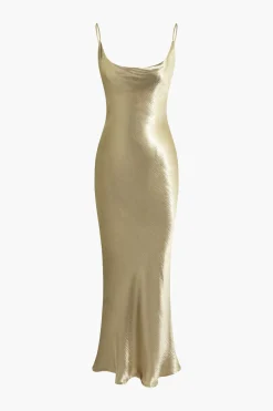 Metallic Backless Slip Mermaid Cowl Neck Maxi Dress