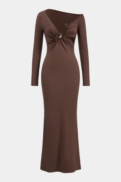 Metallic Beaded Cut Out Asymmetry Neck Long Sleeve Maxi Dress