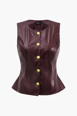 Metallic Button Faux Leather Shorts Set