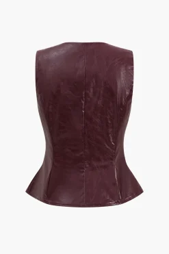 Metallic Button Faux Leather Shorts Set